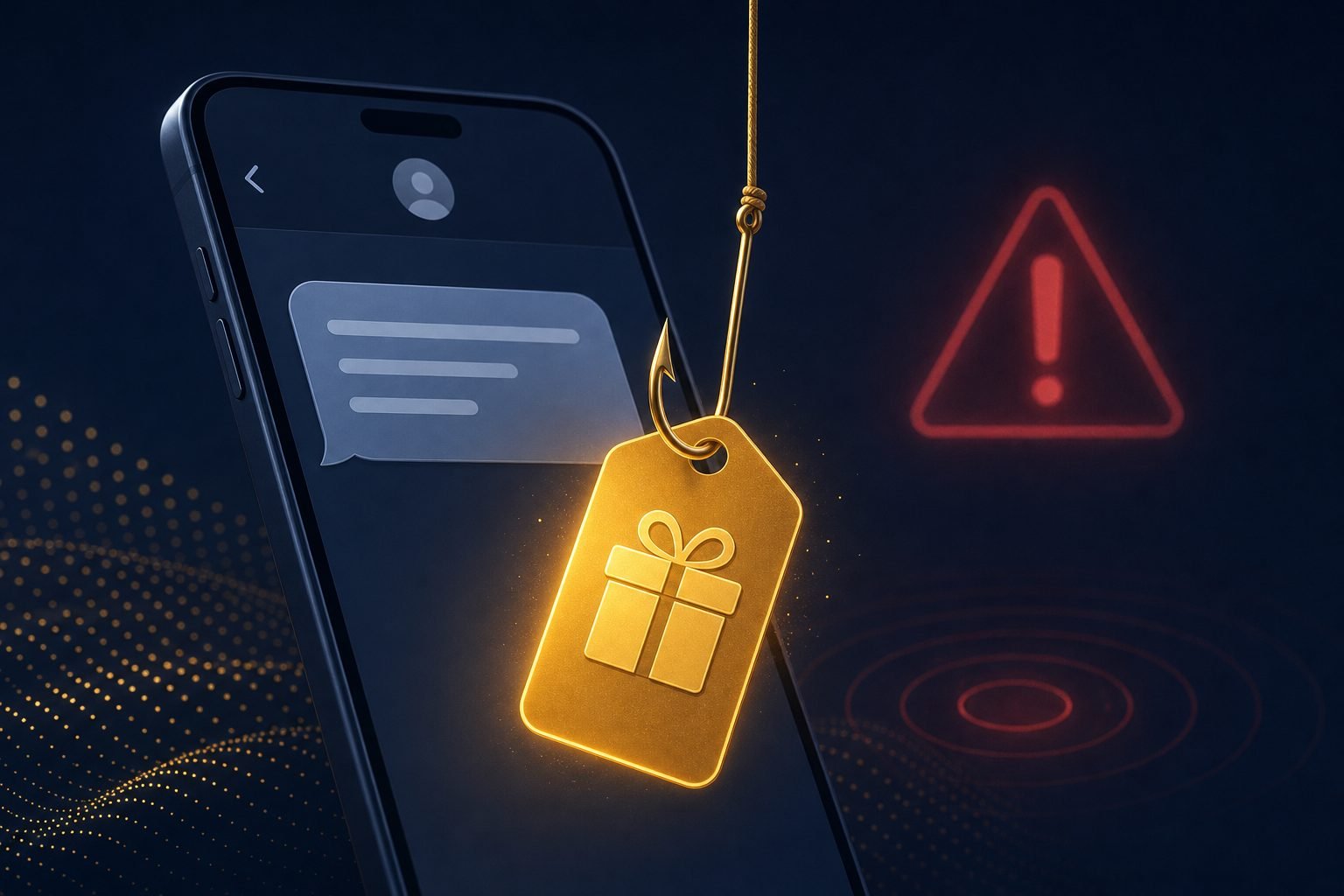 Illustration of an Amazon refund text scam: a text message with a gift tag on a fishing hook