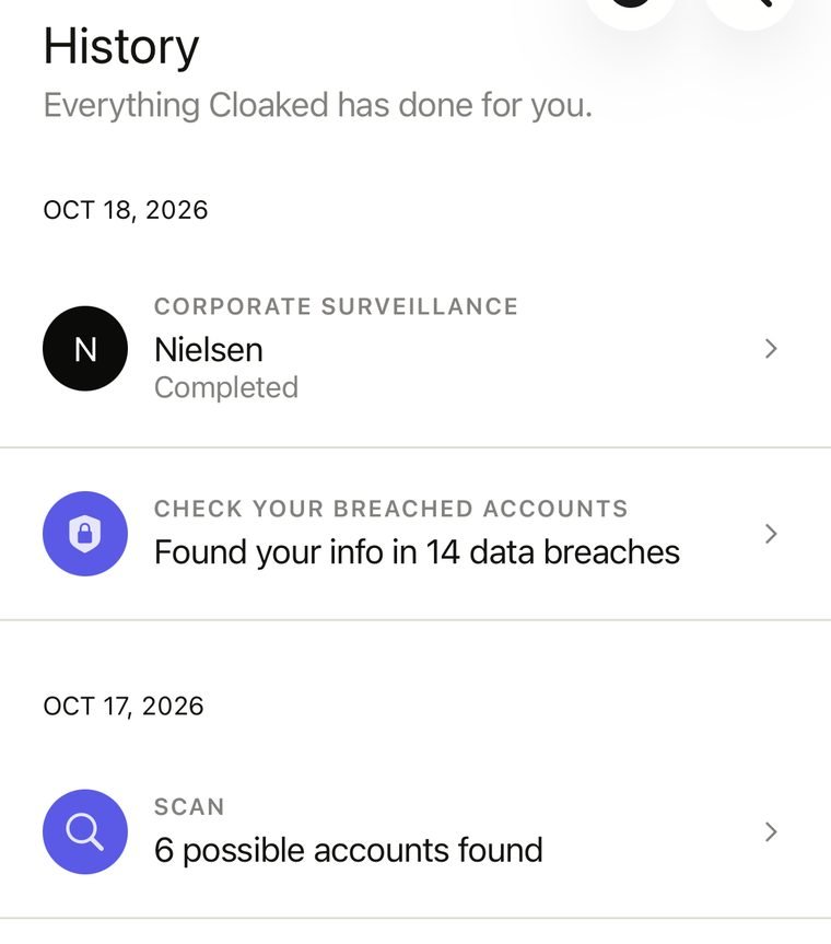 Our Cloaked history screen: found our info in 14 data breaches, 6 possible accounts, and VeriPages with 8 exposures secured