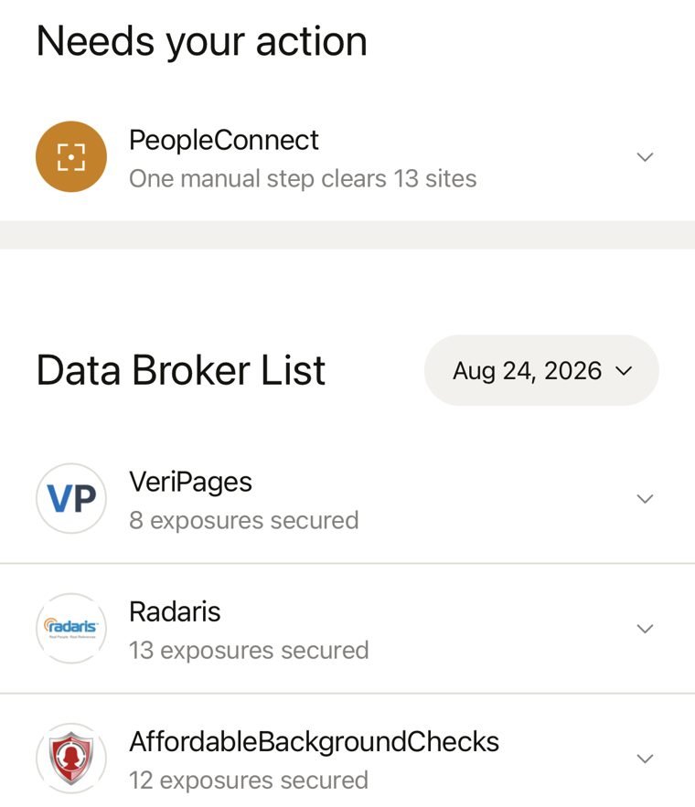 Our Cloaked screen showing PeopleConnect under Needs your action, with one manual step that clears 13 sites