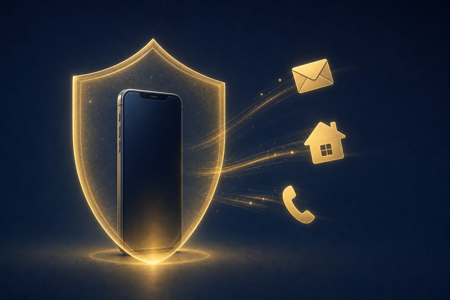 Is Cloaked worth it: illustration of a phone inside a gold shield with mail, home and phone icons drifting away