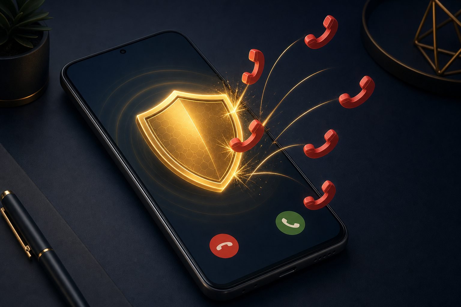 Android phone with a shield blocking spam calls, illustrating how to stop spam calls on Android