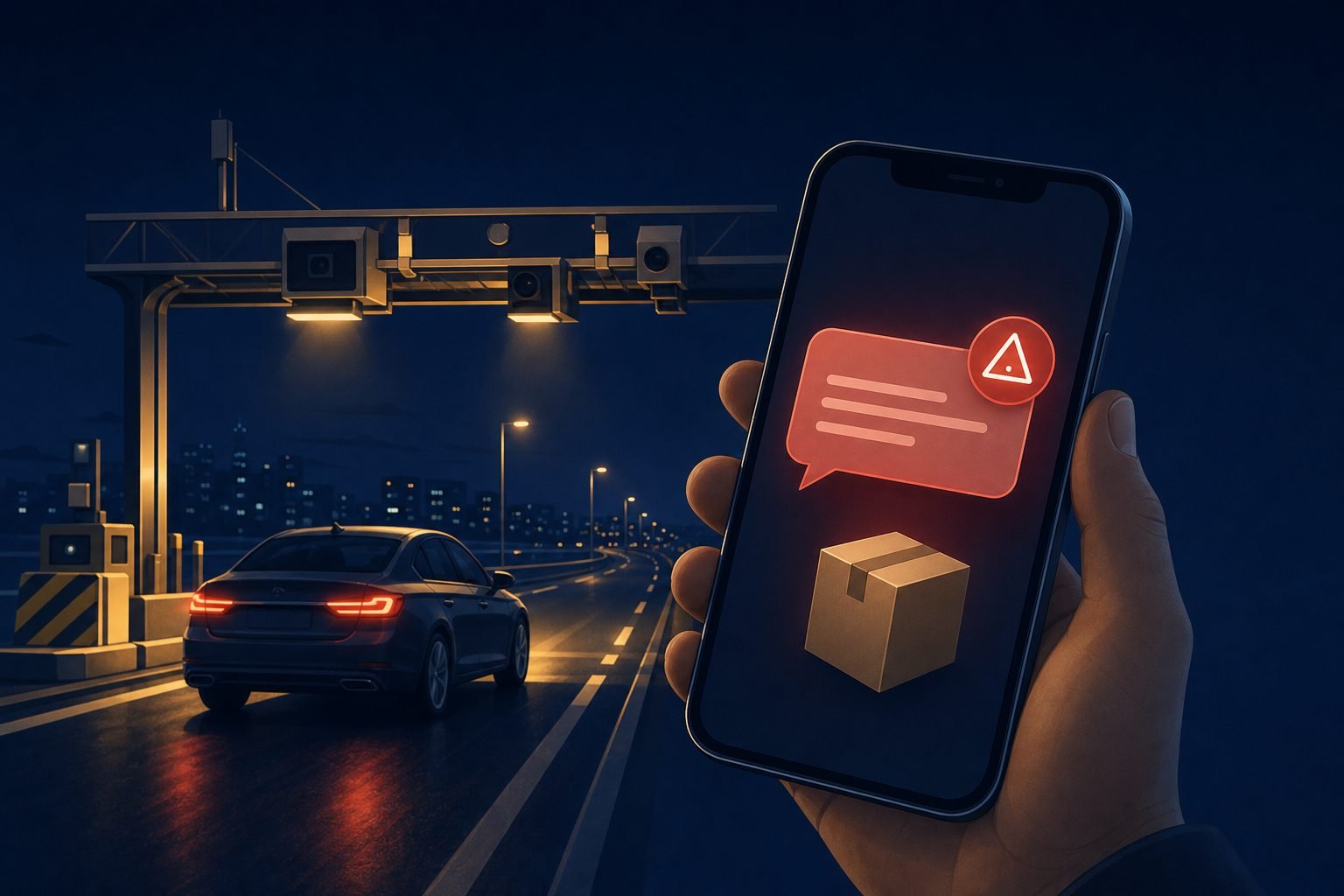 Illustration of an unpaid toll text scam and a fake package text arriving on a phone near a toll gantry